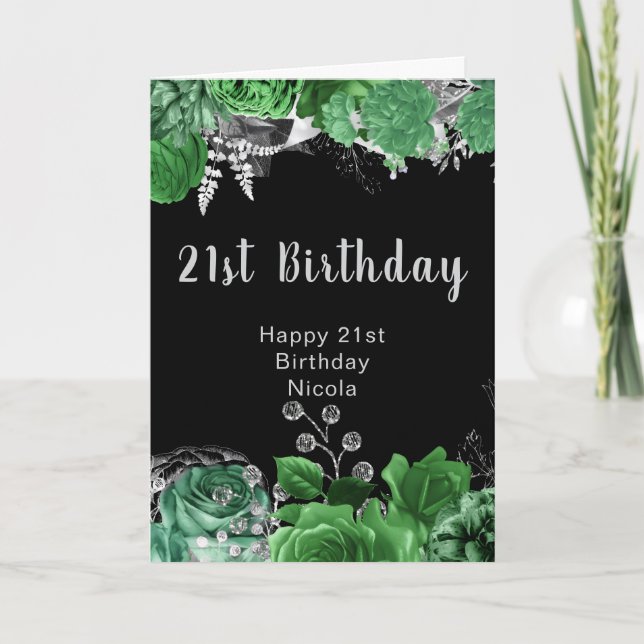 Tarjeta Elegant Green and Silver Flowers Birthday Party  (Anverso)