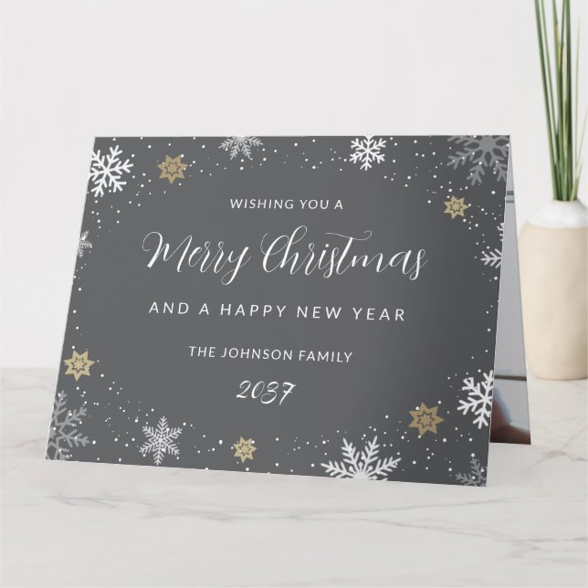 Tarjeta Elegant Grey Snowflakes Photo Holiday Card (Anverso)