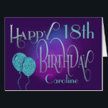 Tarjeta Elegant Happy 18th Name Purple Birthday<br><div class="desc">Elegante Feliz Cumpleaños 18 de Nombre Púrpura. ¡Una vibra mágica para desear un feliz cumpleaños número 18 en un gran estilo! Happy Birthday se establece en un guión decorativo en tonos azules y la edad está en una tipografía de coordinación con el nombre de tu destinatario, en un fondo en...</div>