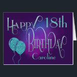 Tarjeta Elegant Happy 18th Name Purple Birthday<br><div class="desc">Elegante Feliz Cumpleaños 18 de Nombre Púrpura. ¡Una vibra mágica para desear un feliz cumpleaños número 18 en un gran estilo! Happy Birthday se establece en un guión decorativo en tonos azules y la edad está en una tipografía de coordinación con el nombre de tu destinatario, en un fondo en...</div>