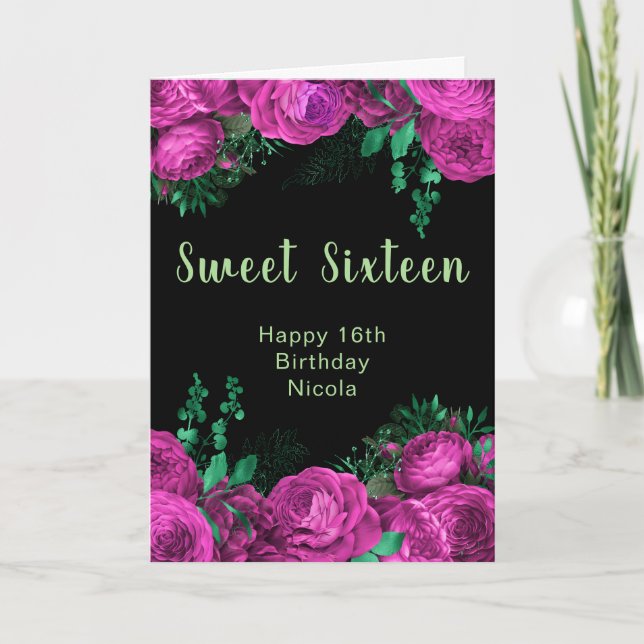 Tarjeta Elegant Hot Pink Flowers Sweet Sixteen (Anverso)