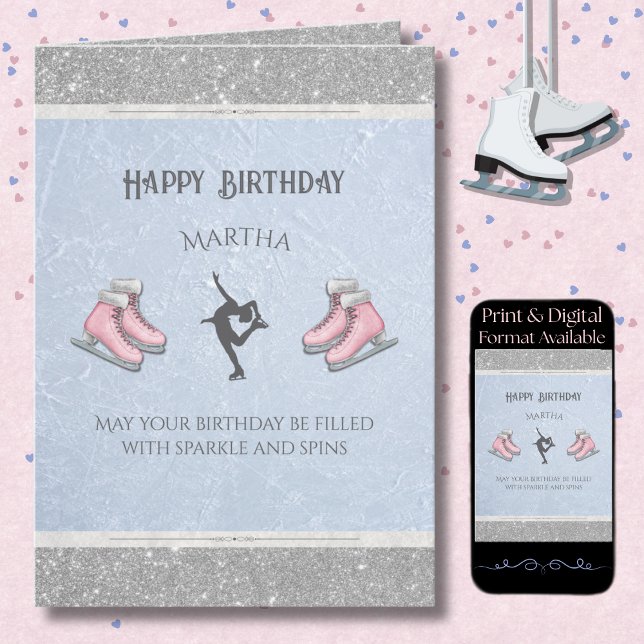 Tarjeta Elegant Ice Skating Glitter Figure Skate Birthday  (Send a card with grace and style with a personalized figure skater birthday card )