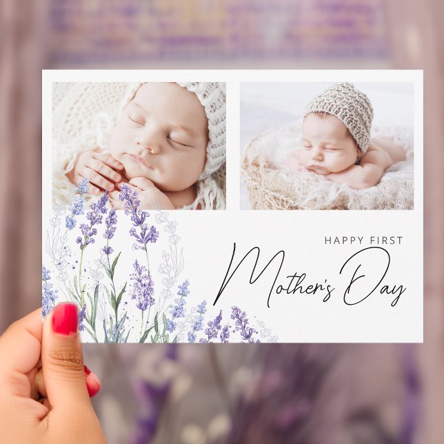 Tarjeta Elegant Lavender First Mother's Day 2 Photos Flat (Elegant Lavender First Mother's Day 2 Photos Flat Card)