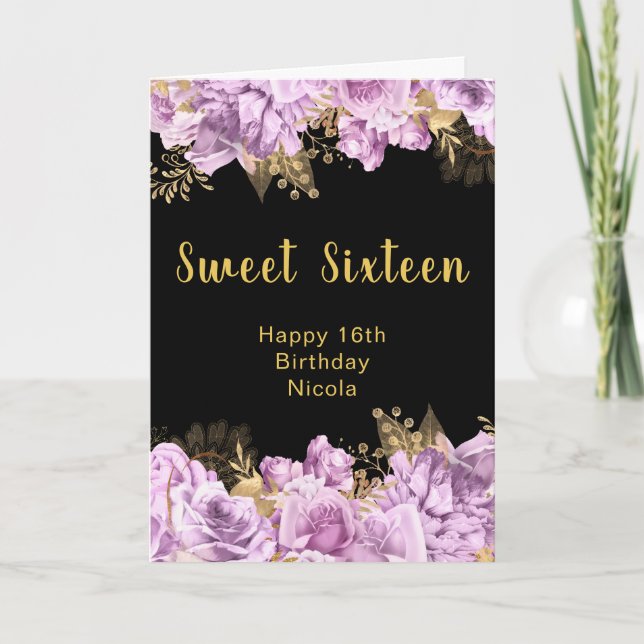 Tarjeta Elegant Lilac and Gold Flowers Sweet Sixteen (Anverso)