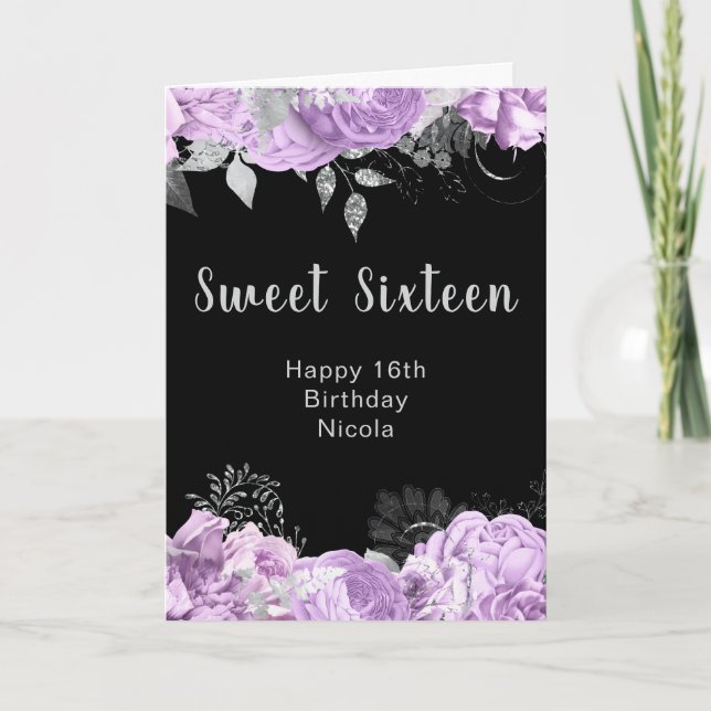 Tarjeta Elegant Lilac and Silver Flowers Sweet Sixteen (Anverso)