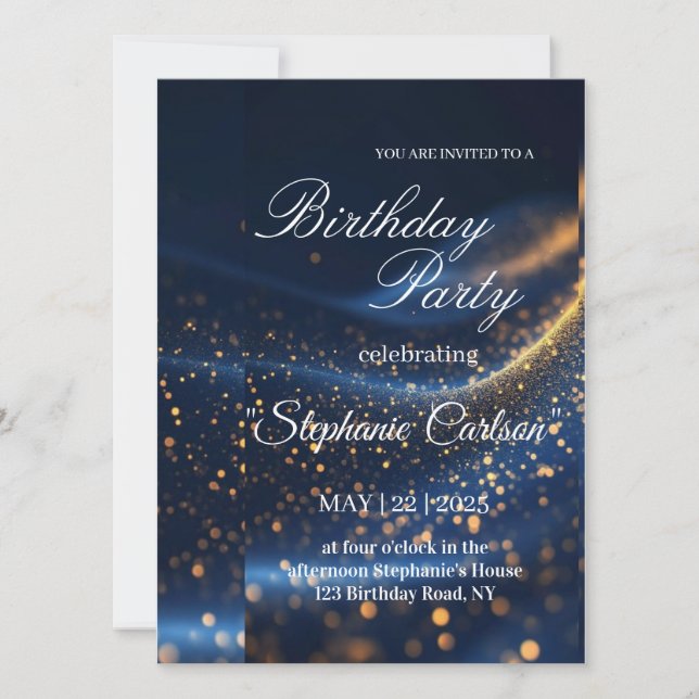 Tarjeta Elegant Navy Blue & Gold Birthday Party Invitation (Anverso)