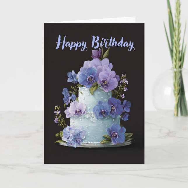 Tarjeta Elegant Orchid Birthday Cake Floral Birthday Card (Anverso)