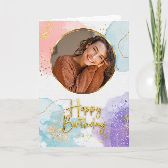 Tarjeta Elegant Pastel Gold Script Circle Photo Birthday (Anverso)