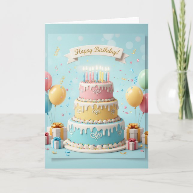Tarjeta Elegant Pastel Tier Cake – Happy Birthday Card (Anverso)