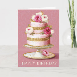 Tarjeta Elegant Pink And Gold Floral Birthday Cake
