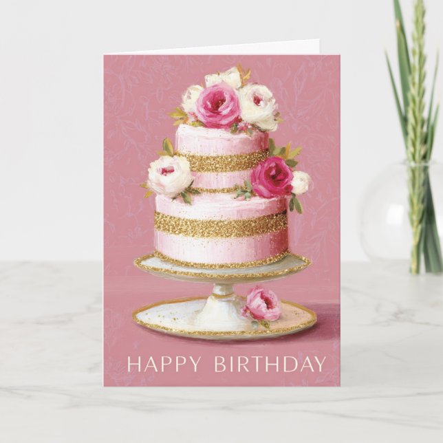 Tarjeta Elegant Pink And Gold Floral Birthday Cake (Anverso)