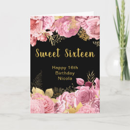 Tarjeta Elegant Pink and Gold Flowers Sweet Sixteen