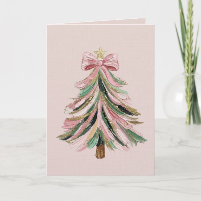 Tarjeta Elegant Pink and Green Brushstroke Christmas Tree  (Anverso)