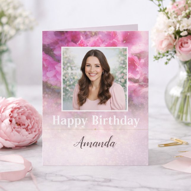 Tarjeta Elegant Pink Floral Photo Birthday for Her  (Subido por el creador)