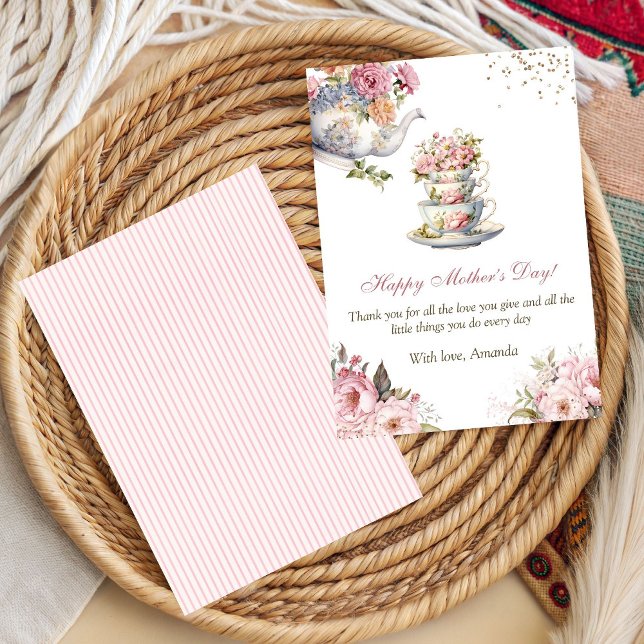 Tarjeta Elegant Pink Floral Teacup Mother’s Day (Elegant Pink Floral Tea Party Mother’s Day Card)
