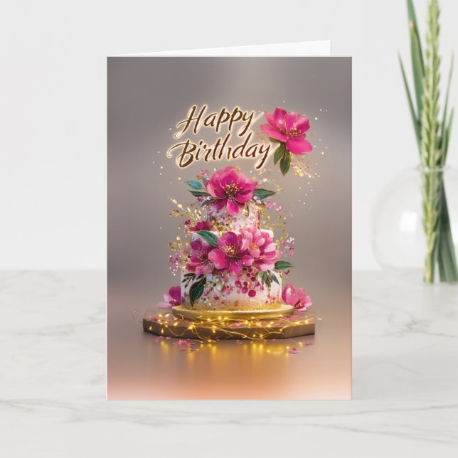 Tarjeta Elegant Pink & Gold Floral Birthday Cake (Anverso)