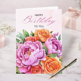 Tarjeta Elegant Pink Peonies Floral Happy Birthday Card
