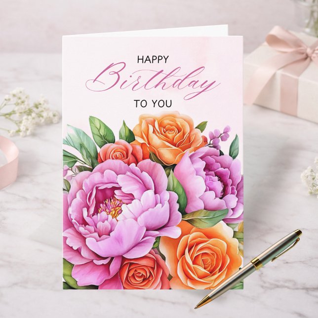 Tarjeta Elegant Pink Peonies Floral Happy Birthday Card (Subido por el creador)