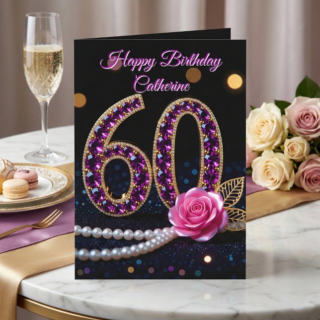 Tarjeta Elegant Pink Purple Rose Amethyst 60th Birthday (Subido por el creador)