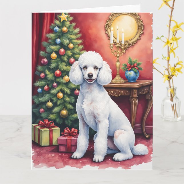 Tarjeta Elegant Poodle Beside Christmas Tree Holiday Dog  (flor amarilla)