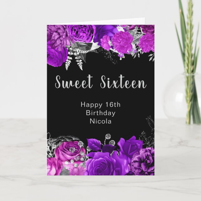 Tarjeta Elegant Purple and Silver Flowers Sweet Sixteen  (Anverso)