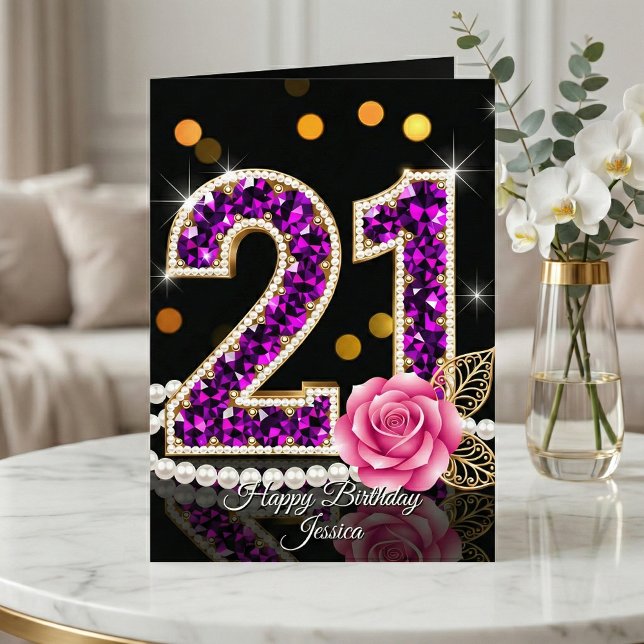 Tarjeta Elegant Purple Diamond Pearl Rose 21st Birthday (Subido por el creador)