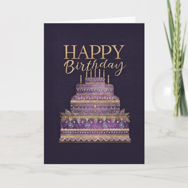 Tarjeta Elegant Purple & Gold Birthday Cake (Anverso)