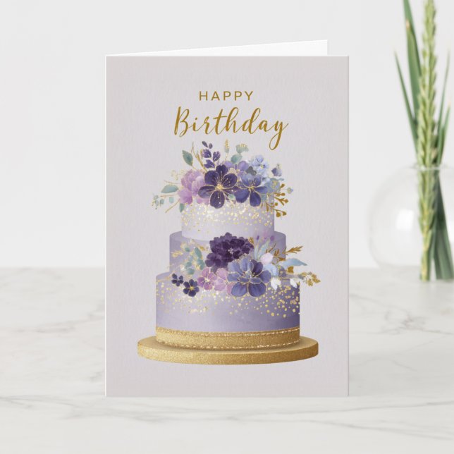 Tarjeta Elegant Purple & Gold Floral Birthday Cake (Anverso)