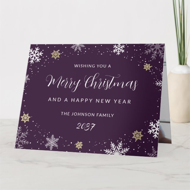 Tarjeta Elegant Purple Snowflakes Photo Holiday Card (Anverso)