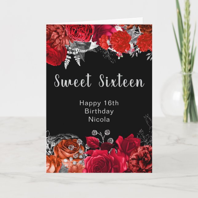 Tarjeta Elegant Red and Silver Flowers Sweet Sixteen (Anverso)