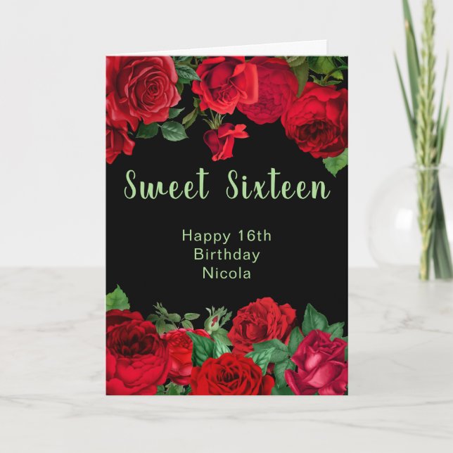 Tarjeta Elegant Red Roses Flowers Sweet Sixteen (Anverso)