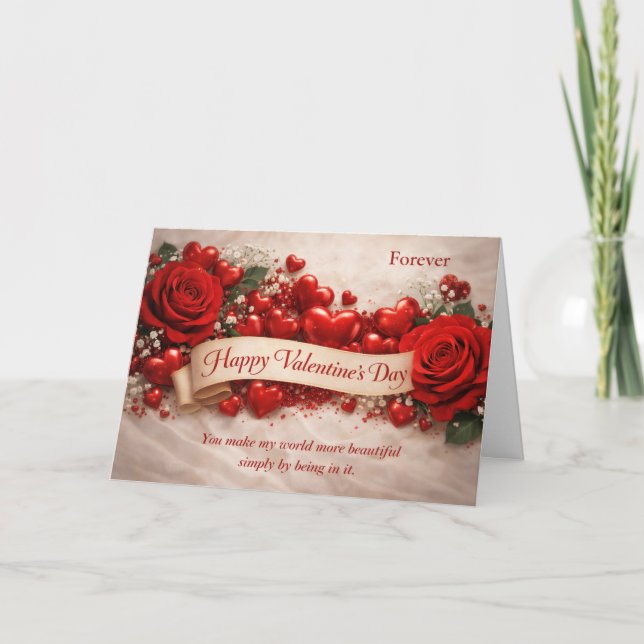 Tarjeta Elegant Red Roses & Hearts Valentine’s Day (Anverso)