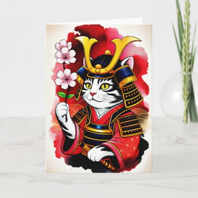 Tarjeta  Elegant Samurai Cat Cherry for birthday, Thank Yu (Anverso)