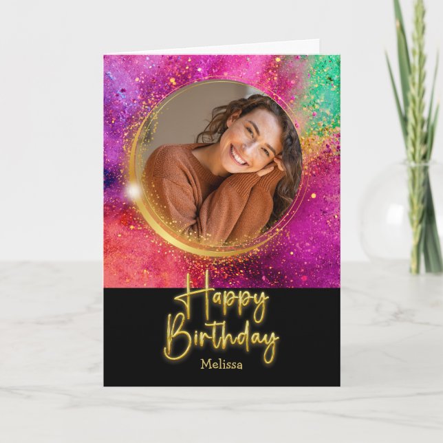 Tarjeta Elegant Script Colorful Glitter Photo Birthday (Anverso)