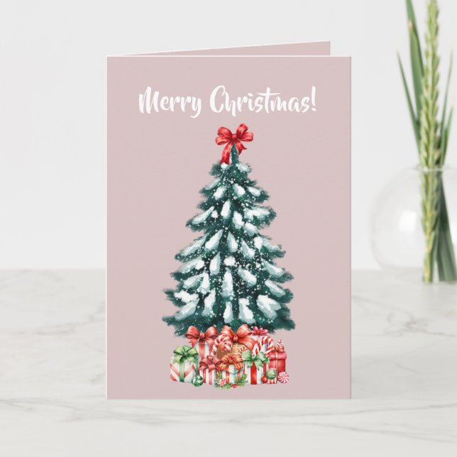 Tarjeta Elegant Snowy Christmas Tree Pink (Anverso)