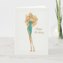 Tarjeta Elegant Stylish Woman in Teal Dress Birthday