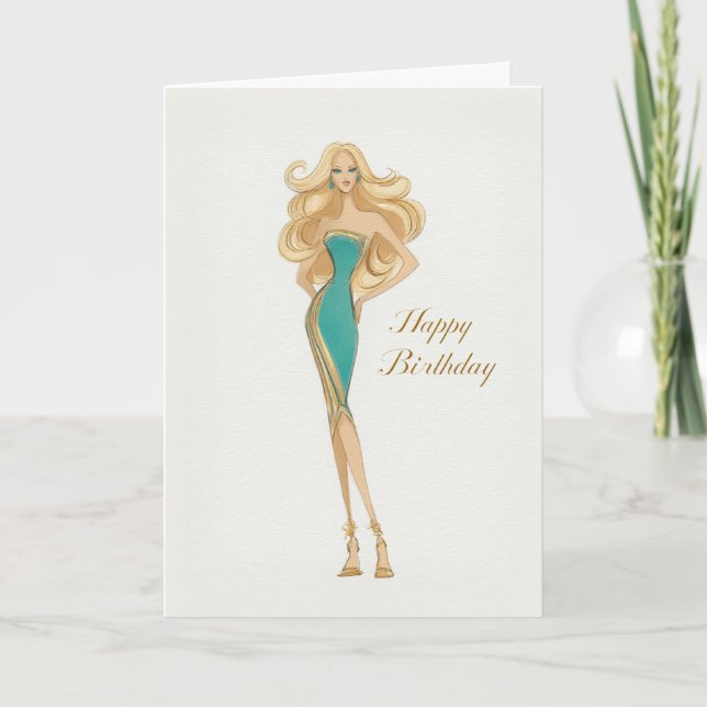 Tarjeta Elegant Stylish Woman in Teal Dress Birthday (Anverso)