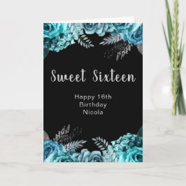 Tarjeta Elegant Teal Blue and Silver Flowers Sweet Sixteen