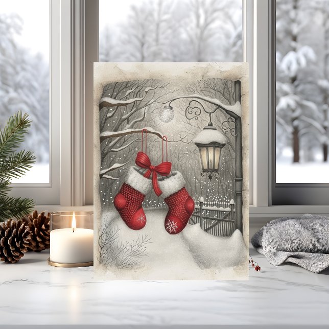 Tarjeta Elegant Vintage Red Christmas Stockings  (Red stockings and snowy stillness make this vintage holiday card a heartfelt classic)