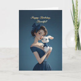 Tarjeta Elegant Woman in Midnight Blue w/ Bunny Birthday