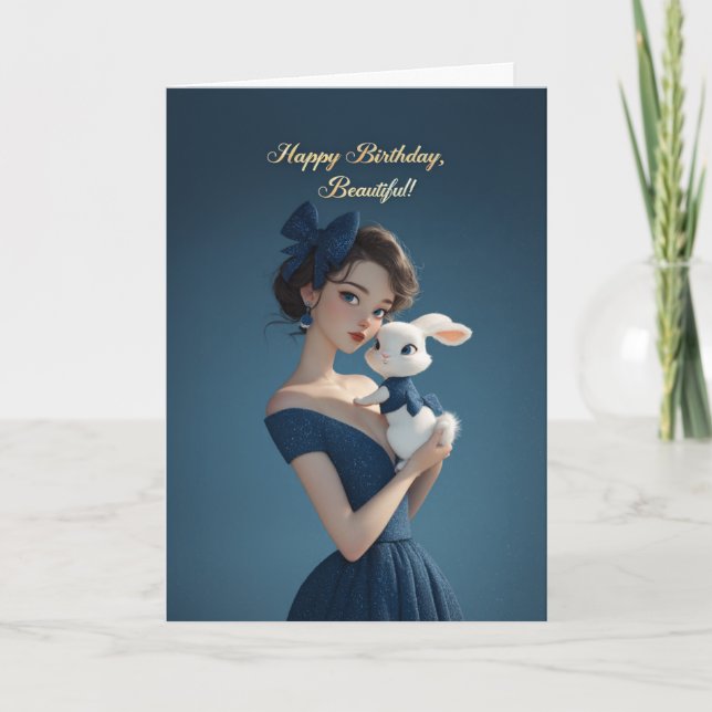 Tarjeta Elegant Woman in Midnight Blue w/ Bunny Birthday (Anverso)