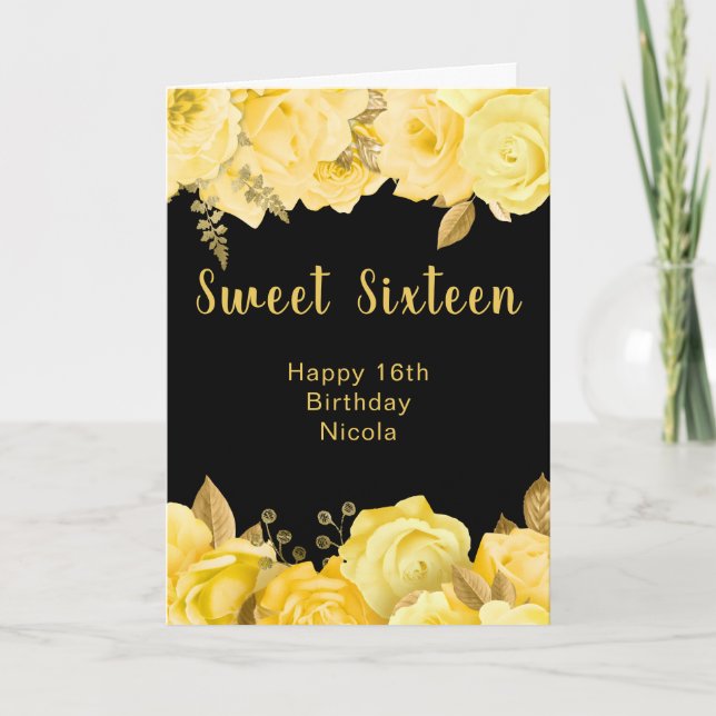 Tarjeta Elegant Yellow and Gold Flowers Sweet Sixteen (Anverso)