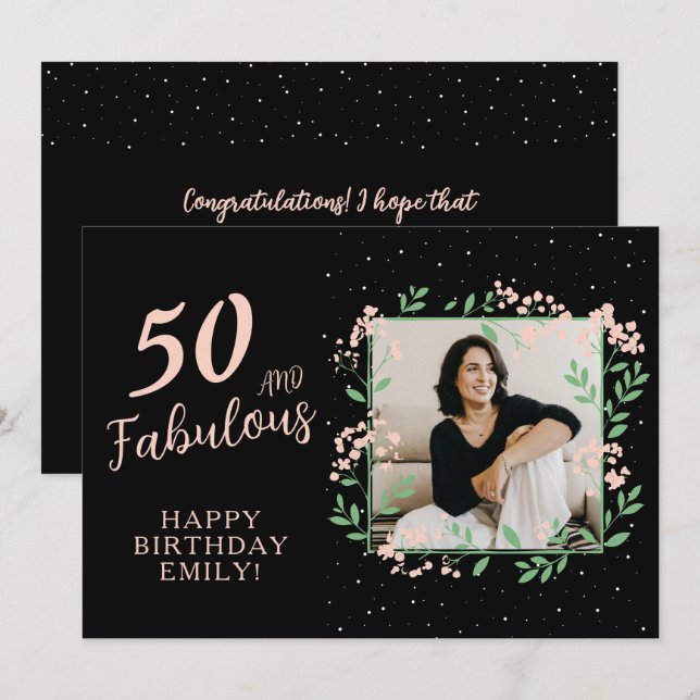 Tarjeta Elegante 50 y fabulosa flor 50 cumpleaños foto (Anverso / Reverso)