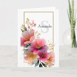 Tarjeta Elegante acuarela de borde floral rosa con dorado
