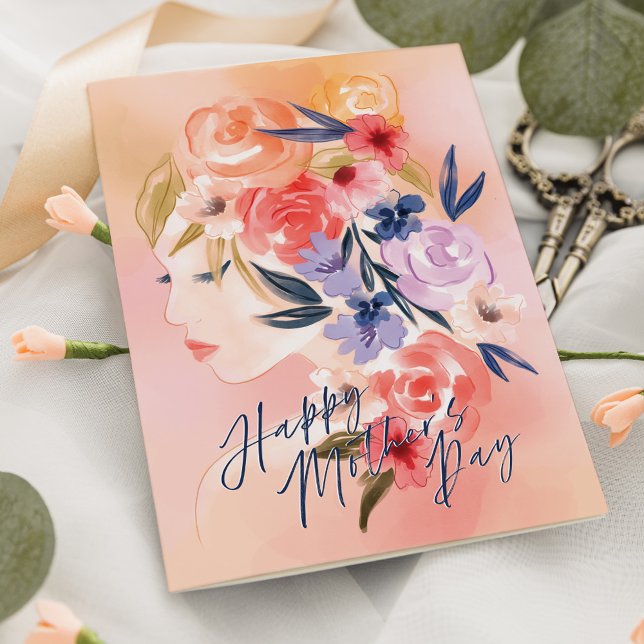 Tarjeta Elegante acuarela floral femenina feliz día de la  (Elegant Floral Woman Watercolor Happy Mother's Day Card)