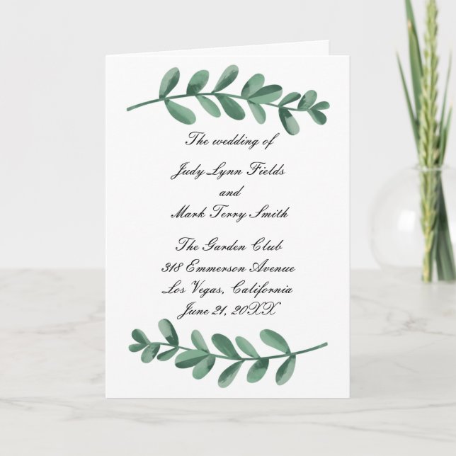 Tarjeta Elegante acuarela Green Leaves Wedding Program (Anverso)