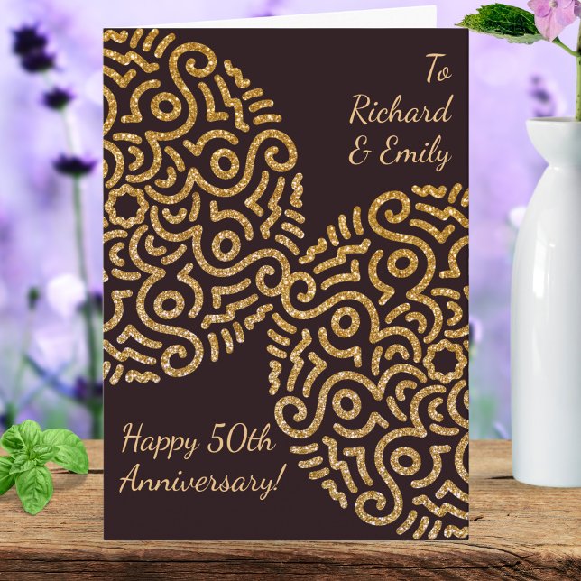 Tarjeta Elegante aniversario de Boda de oro rojo Mandala (Send this card to give your best wishes on the wedding anniversary to the golden couple.)