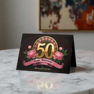 Tarjeta Elegante Aniversario del Oro de los Peonies Rosado