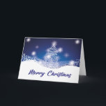 Tarjeta Elegante árbol de Navidad brillante<br><div class="desc">Elegante árbol de Navidad brillante en el oscuro paisaje nocturno de invierno azul con brillantes estrellas</div>
