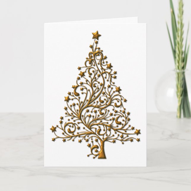 Tarjeta Elegante Árbol de Navidad Dorada (Anverso)